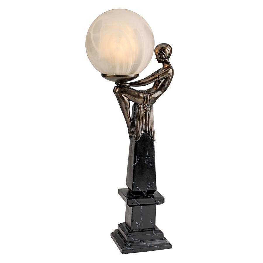 Art Deco Flapper Era Freedom Frosted Glass Orb Female Form Faux Bronze Lamp