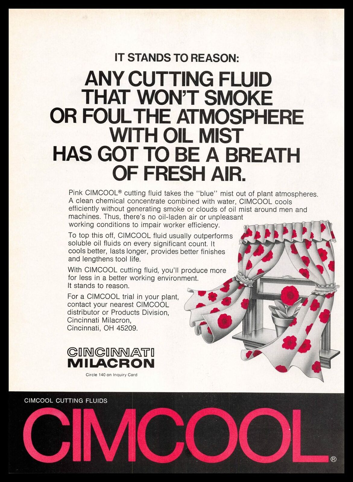 1976 Cincinnati Milacron Cimcool Cutting Fluids Blowing Curtains Plant Print Ad
