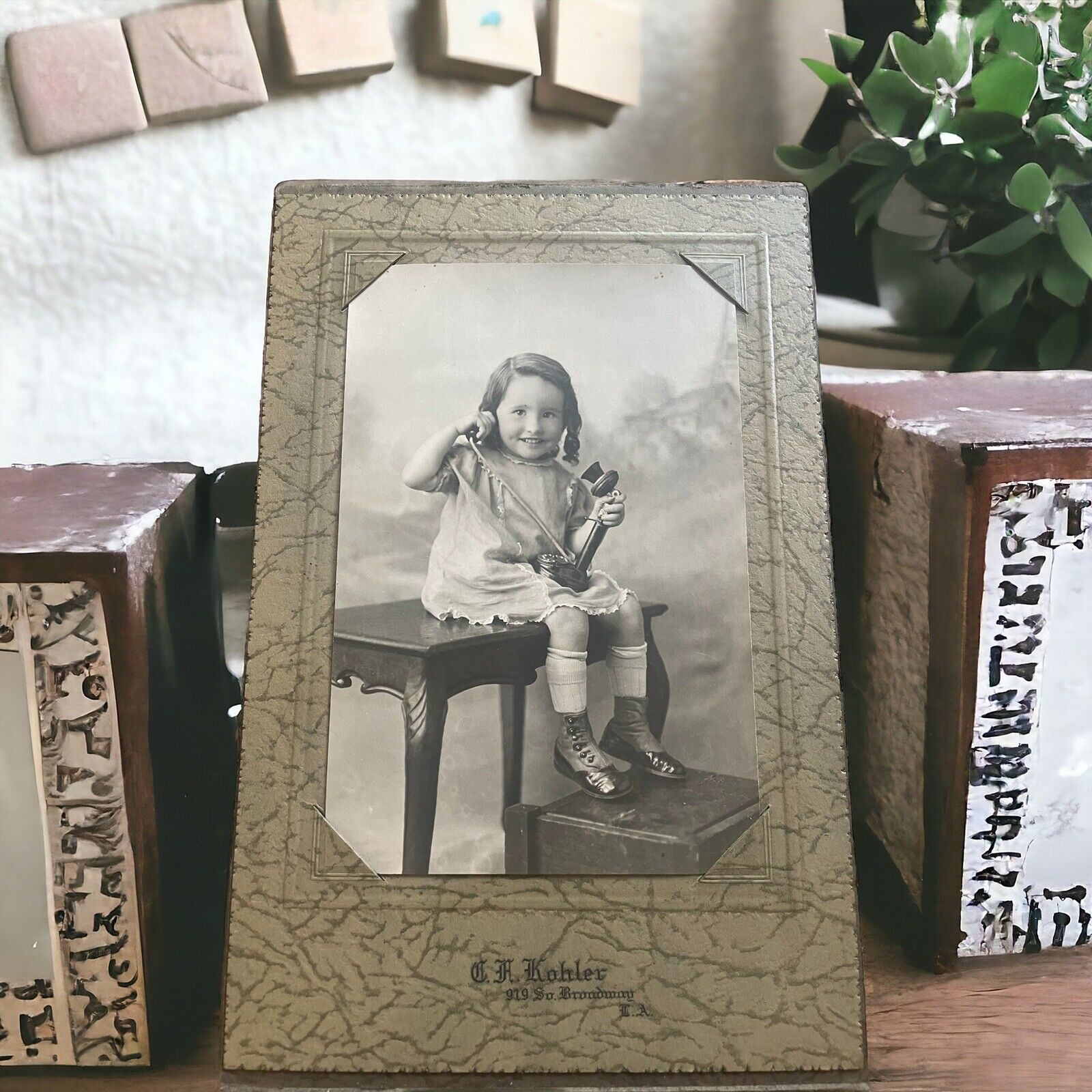 Rare Adorable Girl W/Button Up Shoes & Period Phone Antique Cabinet Card Photo