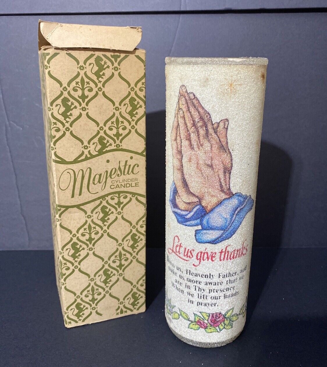 NOS Vtg Majestic Sugar Frosted Glass Pillar Candle Praying Hands 9\