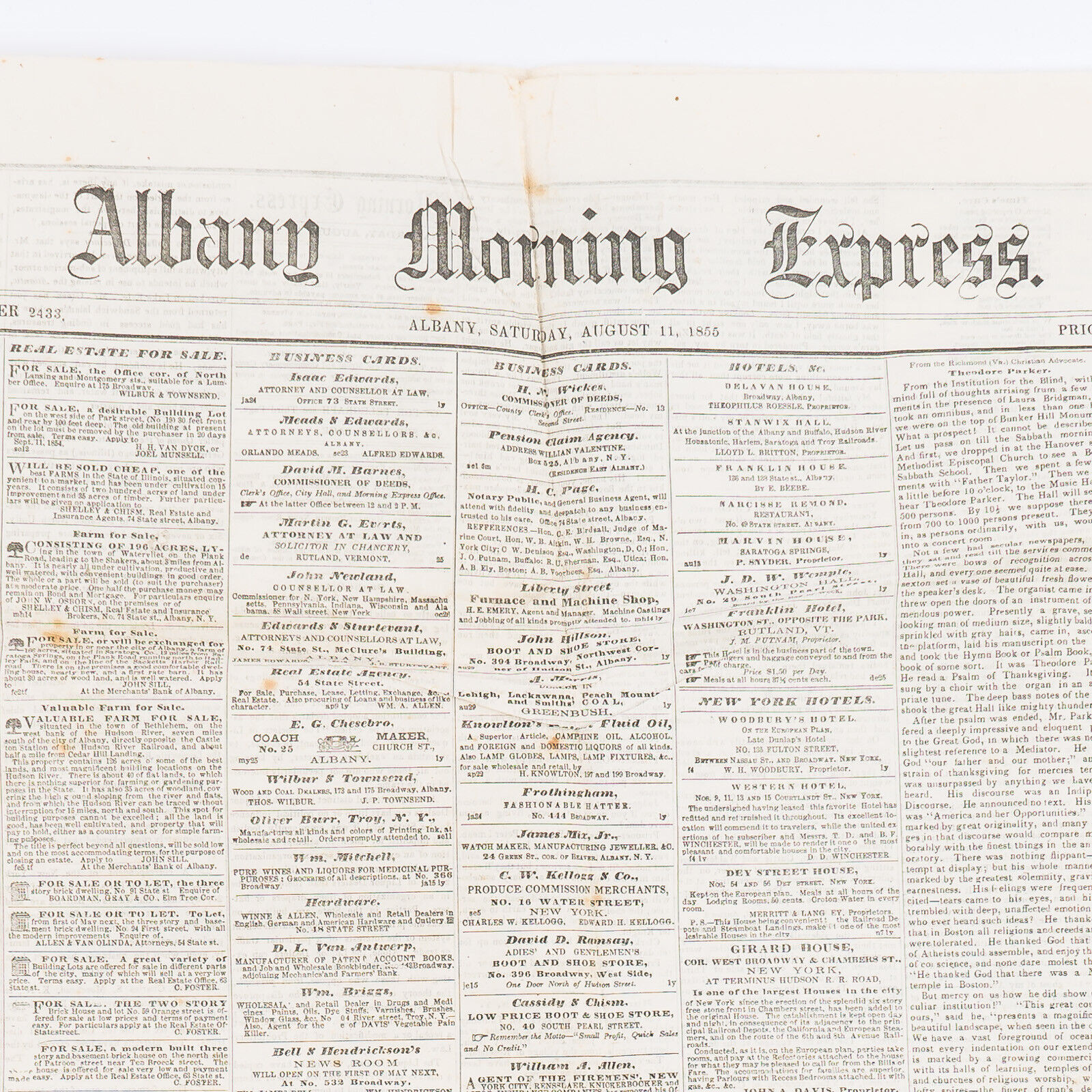 August 11, 1855 Albany Morning Express Newspaper - Story on Colt Revolver
