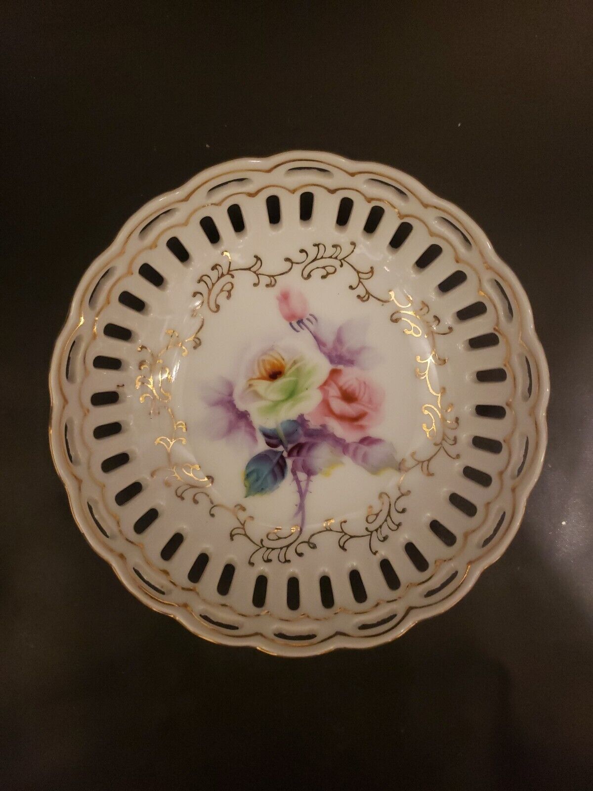 Vintage Pierced Porcelain Round Trinket Dish Bowl Reticulated Floral Japan 5\