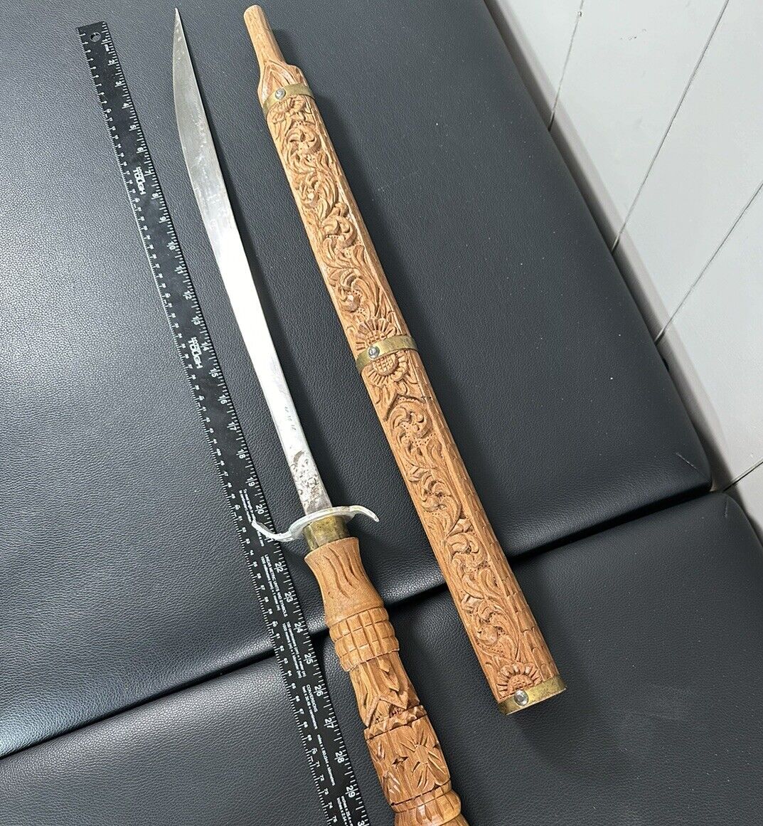 Vtg Handmade Sword Machete Thai Dha Decorative Carved Wood Handle & Scabbard 