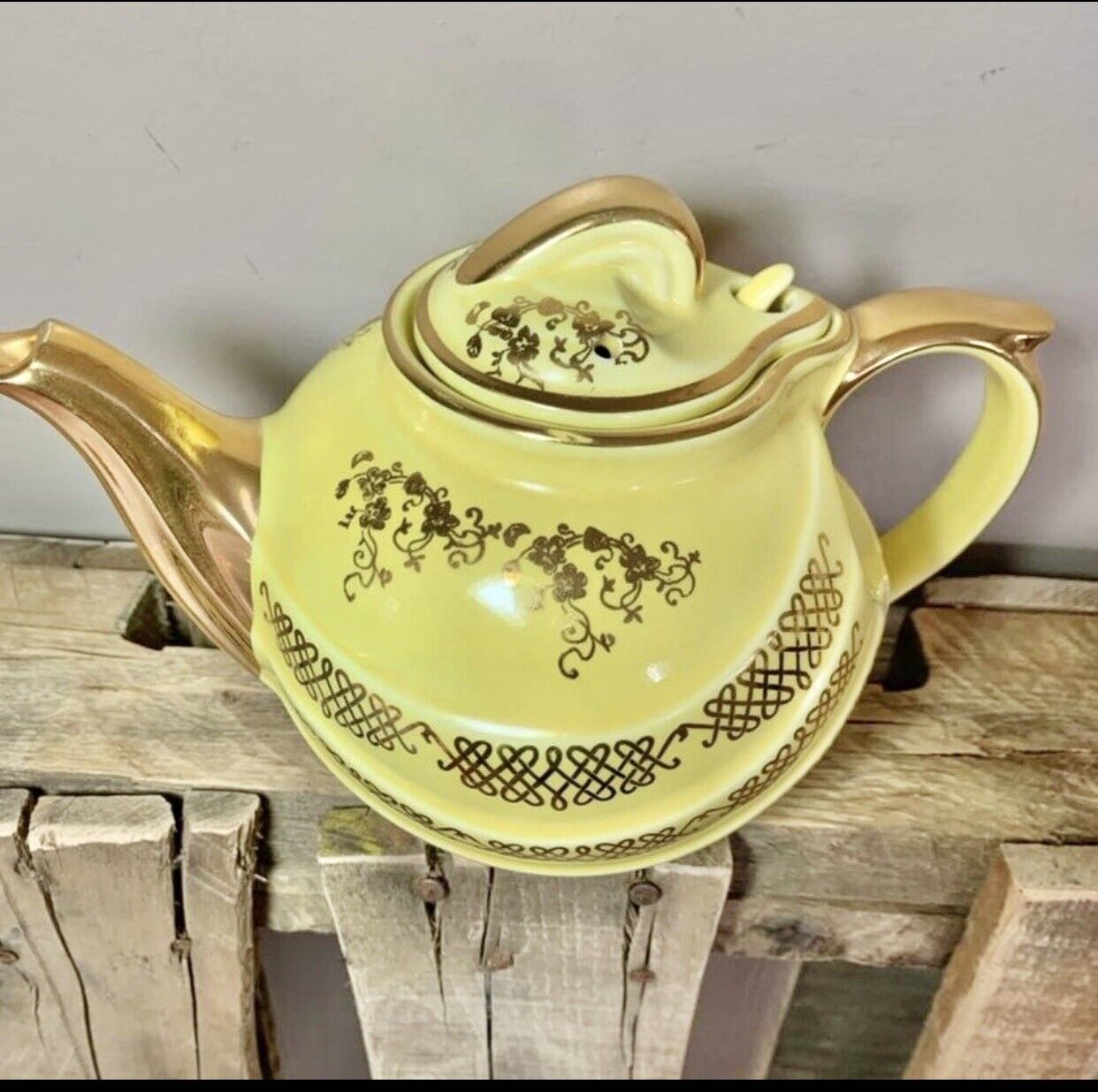 1930's Hall Teapot With Parade Design And China Hook Lid with Gold accents