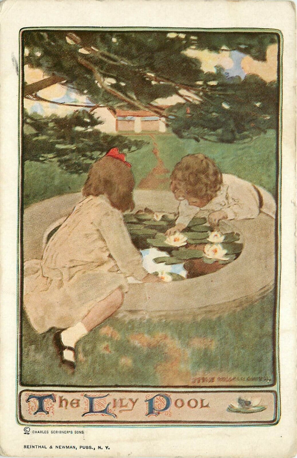 Vintage Art Postcard Children at Lily Pool, A/S Jessie Wilcox Smith Posted 1911