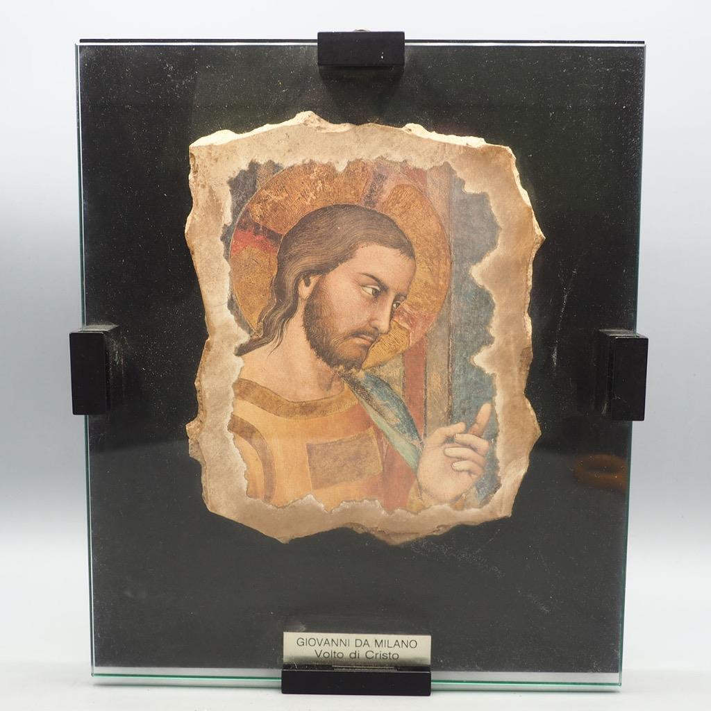 Vintage Giovanni Da Milano Volto Di Cristo Painted Stone Tile Under Glass