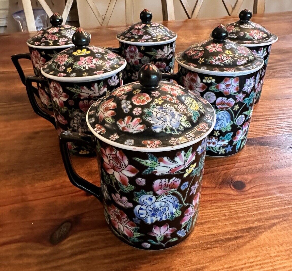 Chinese China Floral Cloisonne Tea Cup Mug with Lid Porcelain Ceramic Signed VTG