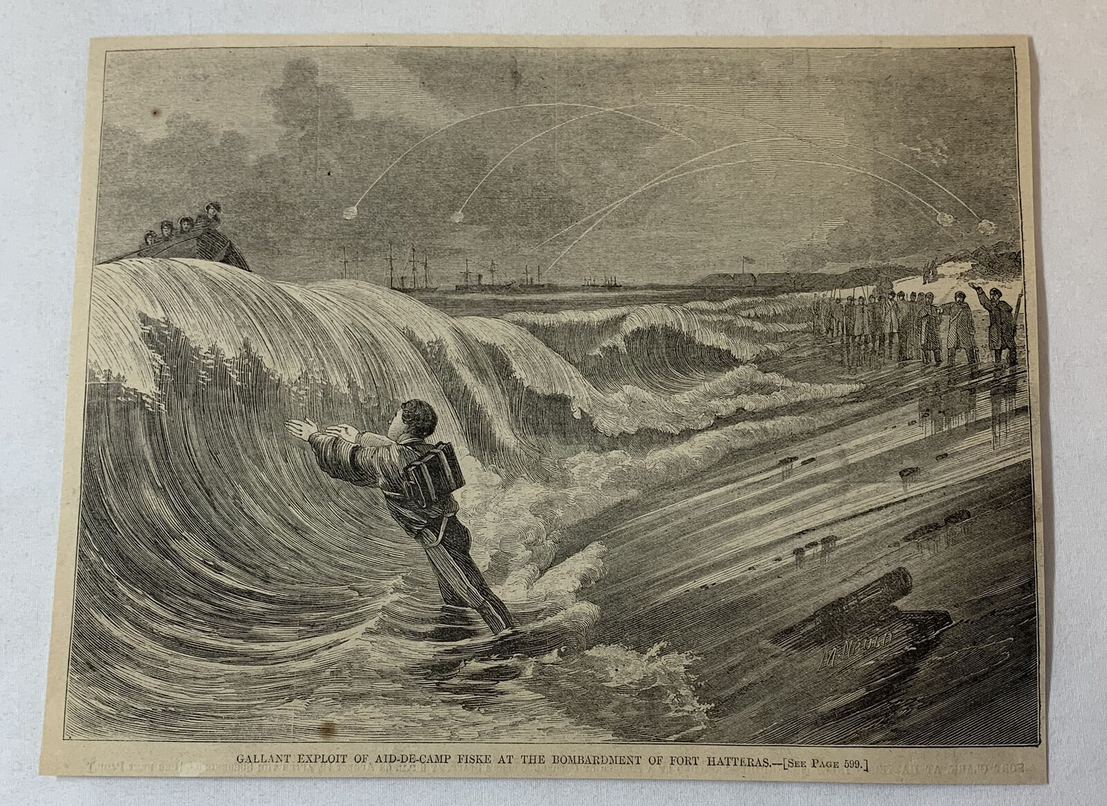 1861 magazine engraving~GALLANT EXPLOIT OF AID-DE-CAMP FISKE Fort Hatteras