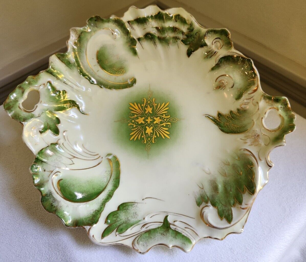 Antique Carl Tielsch Porcelain Serving Dish Bowl Embossed Green Gold Gilding 