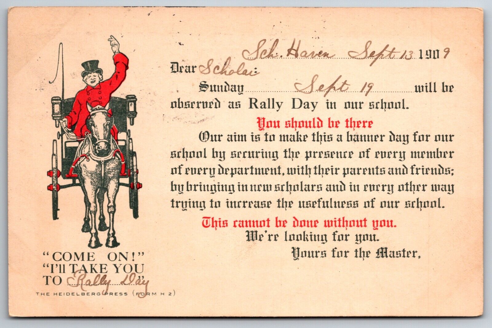 Rally Day Schuylkill Haven Pennsylvania PA 1909 Sunday School Horse Postcard