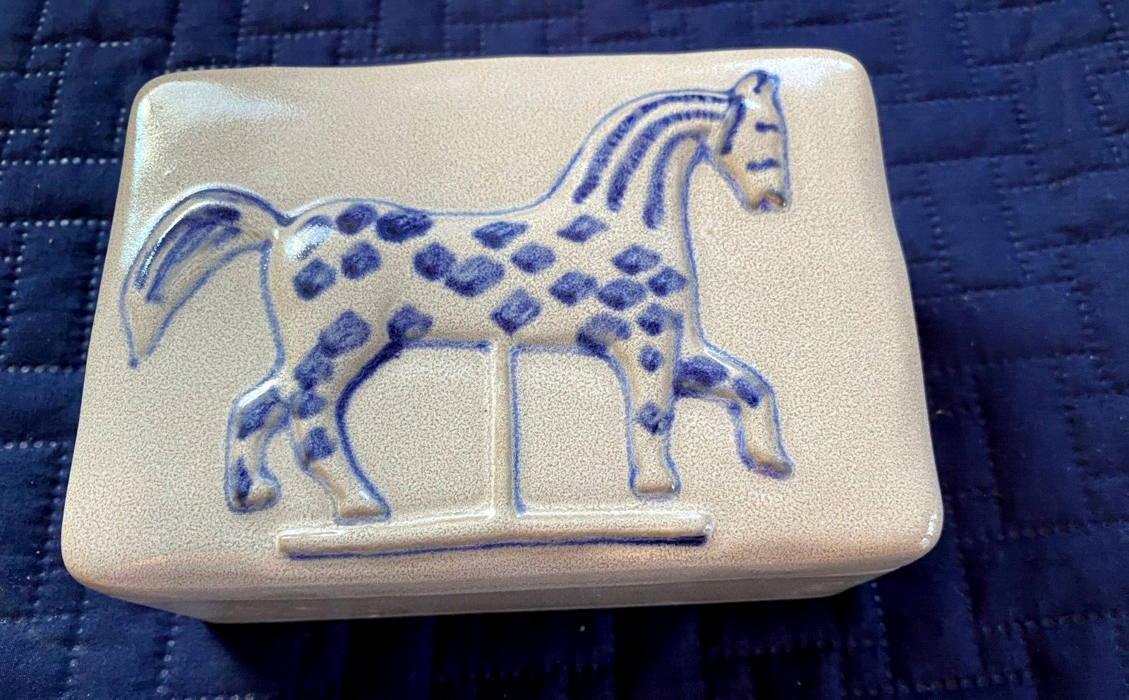 VTG Folk Art Stoneware Trinket Box Appaloosa Horse Carousel Prestige Place E