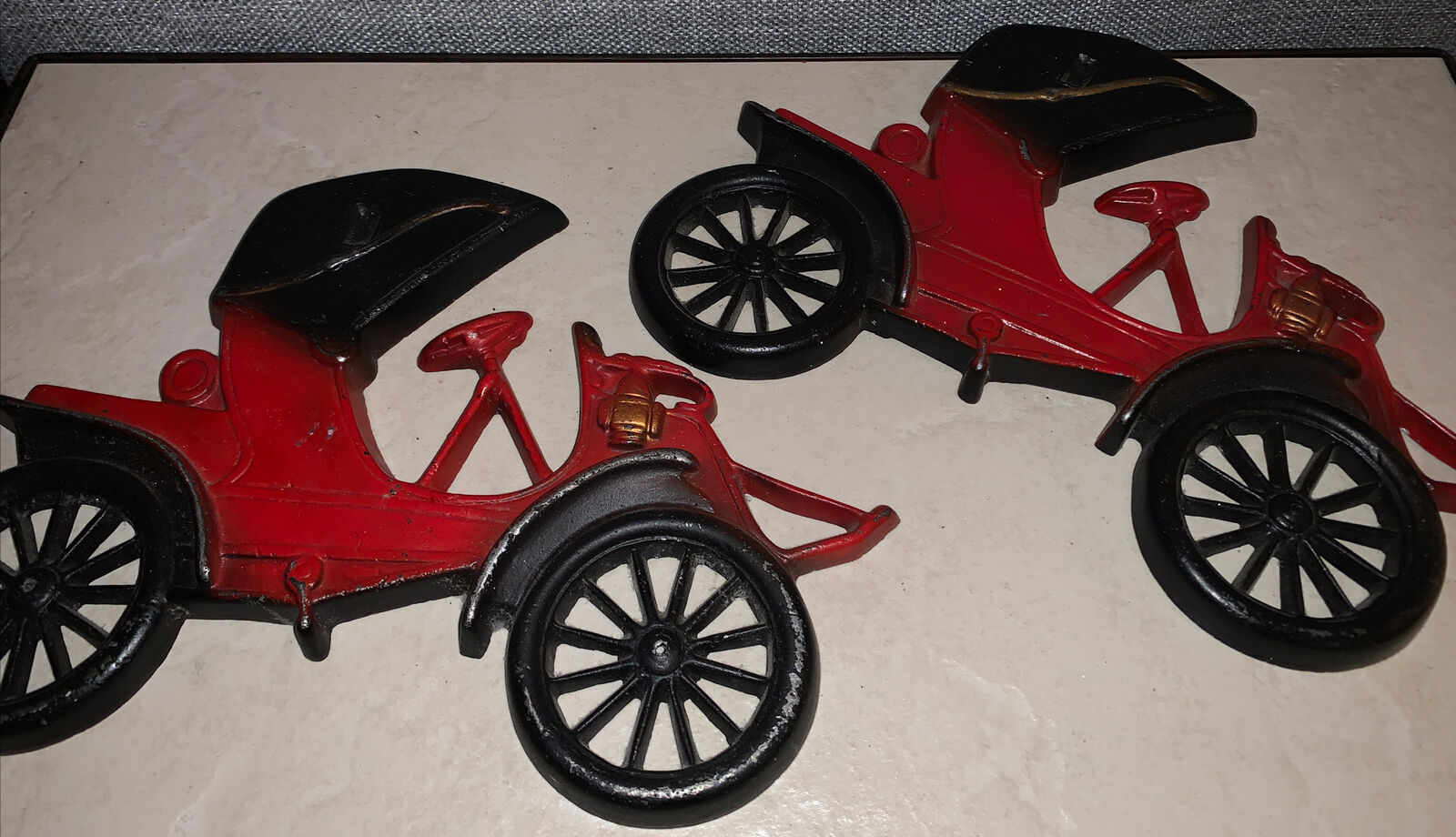 Lot Of 2 Midwest Cast Aluminum Car Wall Old Fashioned Red Auto Plaques 1960s.259
