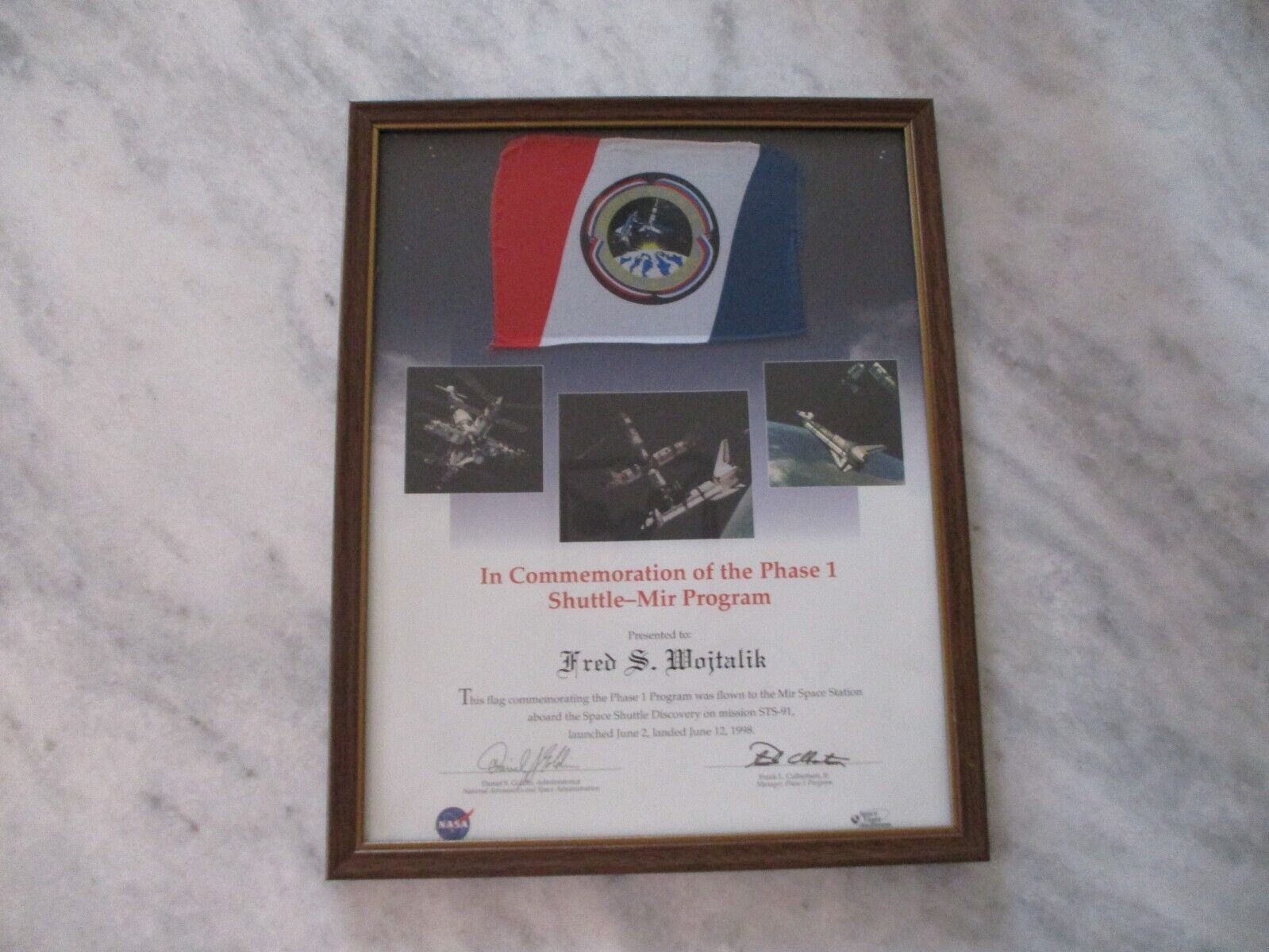 1998 NASA SPACE SHUTTLE PHASE 1 SHUTTLE-MIR PROGRAM CERTIFICATE STS91 FLOWN FLAG