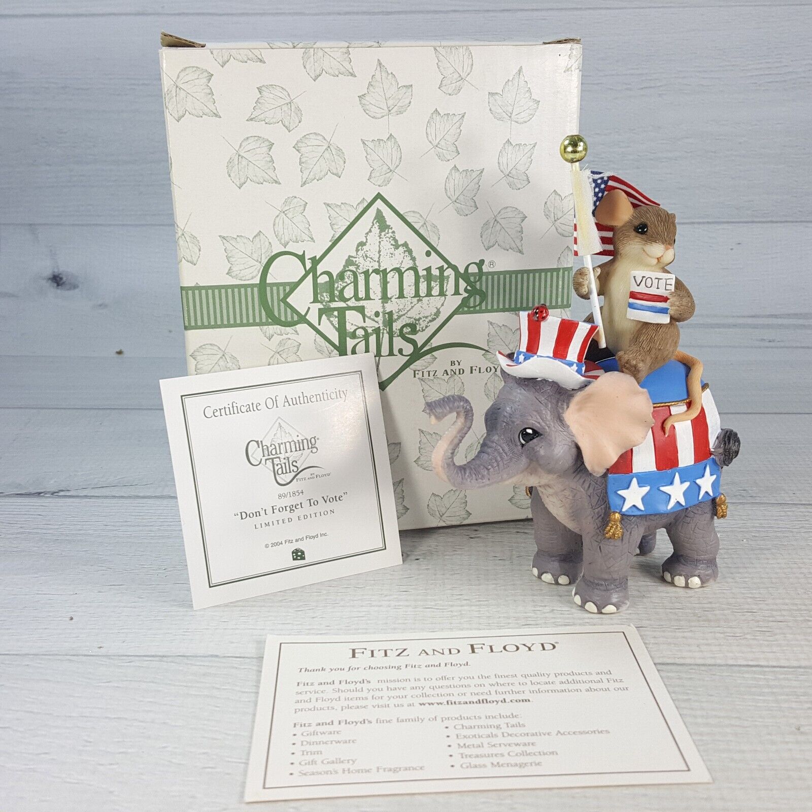 Fitz & Floyd Charming Tails Don't Forget to Vote Elephant Mouse Figurine 89/1854