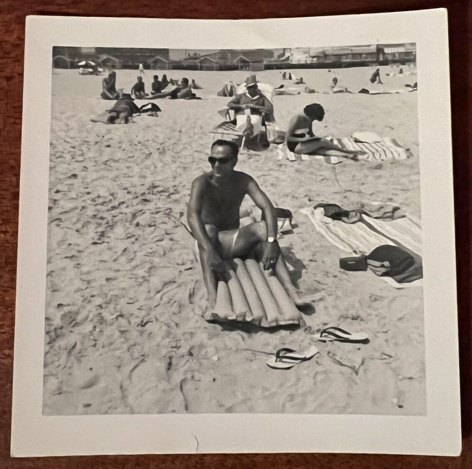 VTG Early 1960s Beefcake Found Photo Tan Shirtless Man Swimsuit Sunglasses Beach
