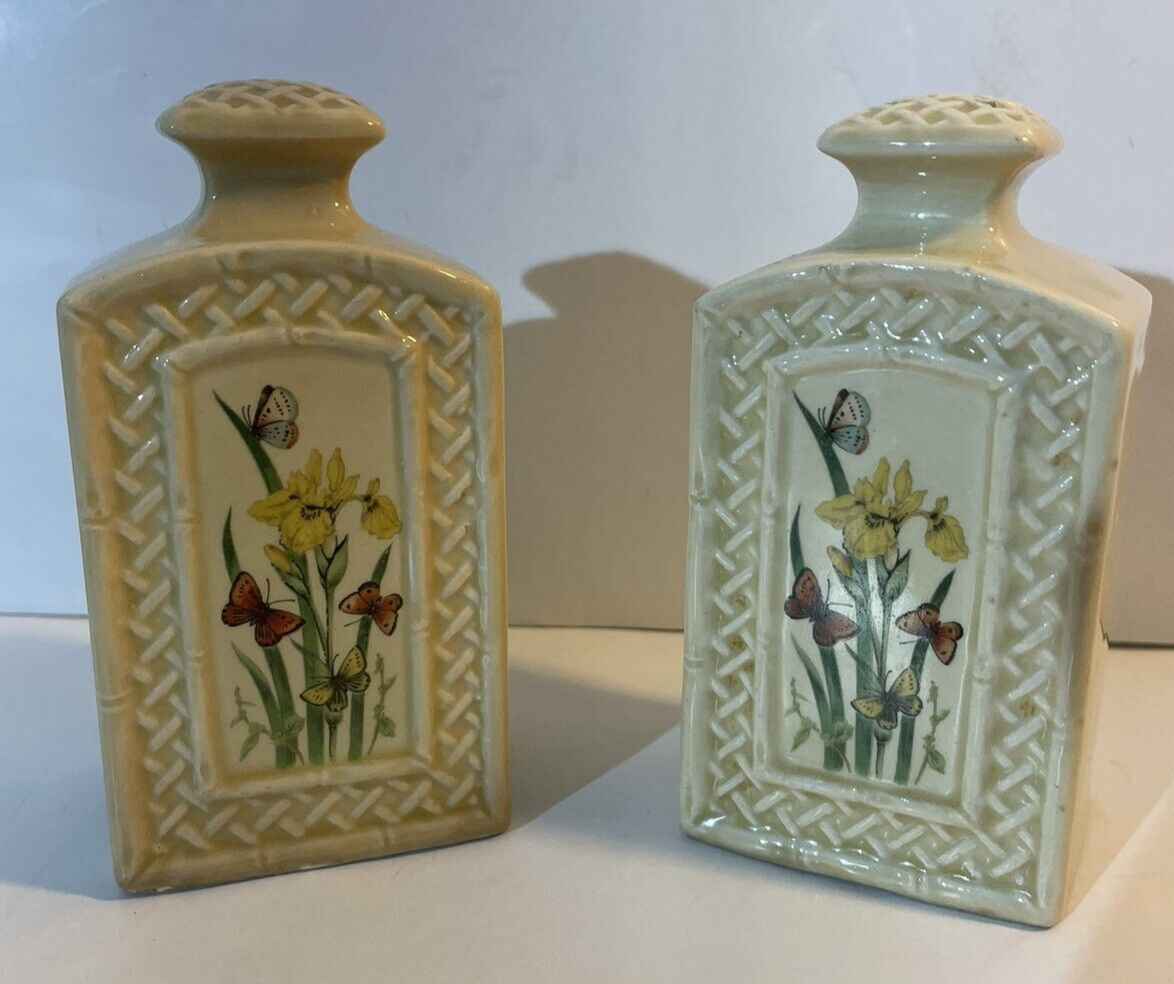 Enesco Ceramic Salt & Pepper Shakers 1970's Butterflies Trellis Cottage Core Vtg