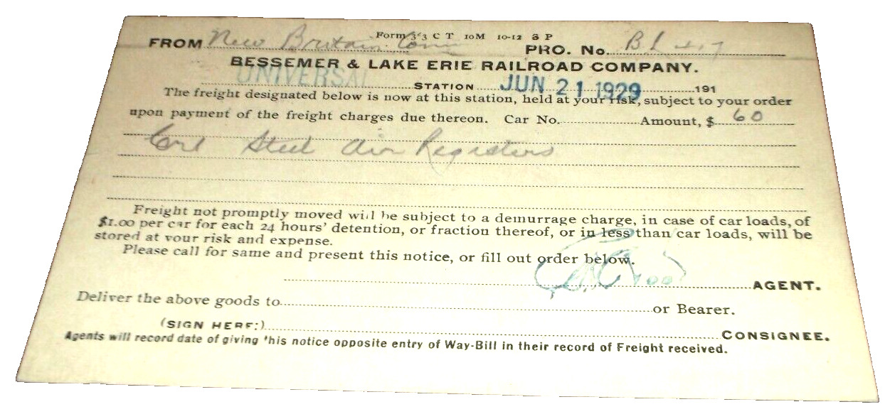 JUNE 1929 B&LE BESSEMER & LAKE ERIE RAILROAD FREIGHT NOTIFICATION POST CARD