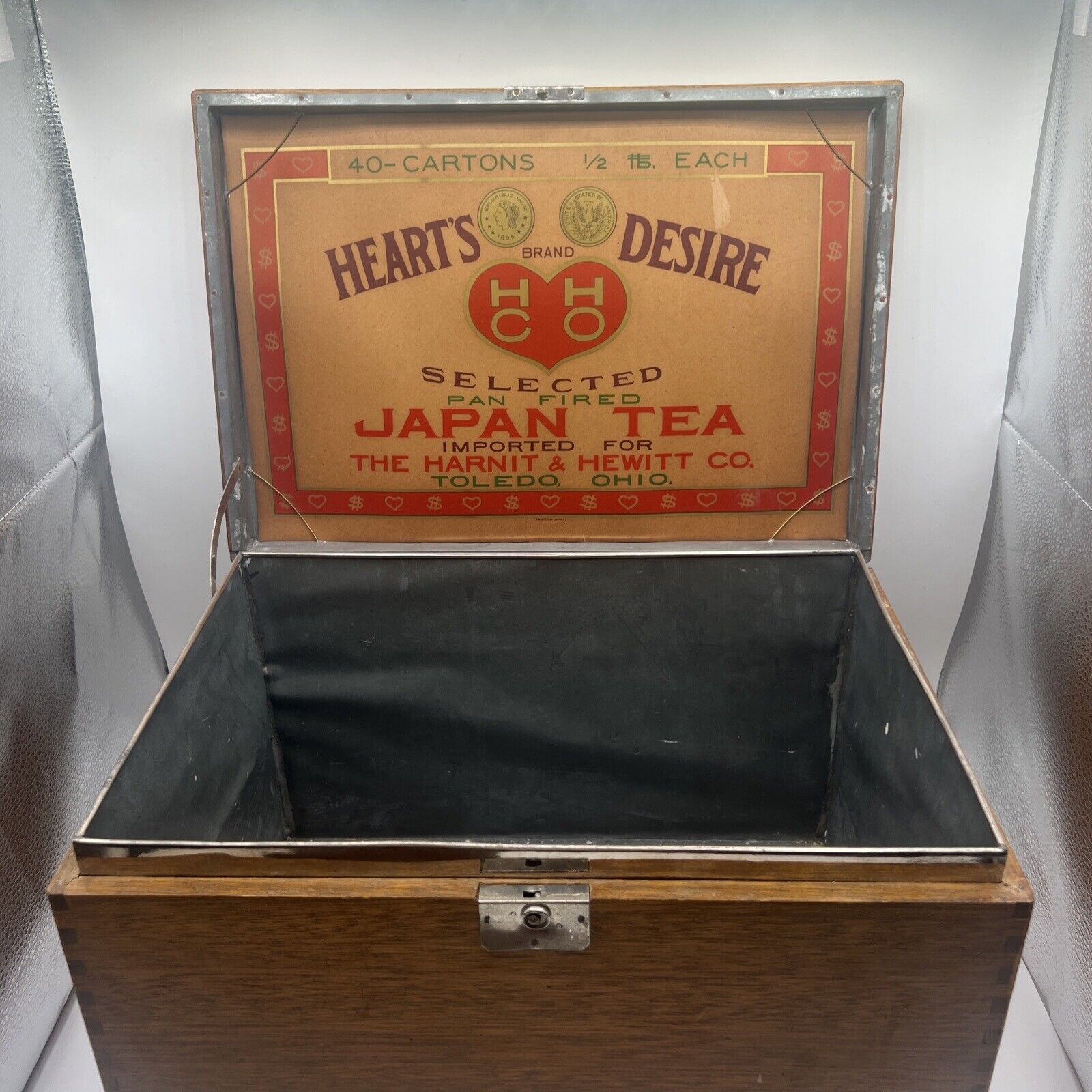 Vintage Japan Tea Tin Lined Box Store Display Harnit & Hewitt Co Toledo Ohio