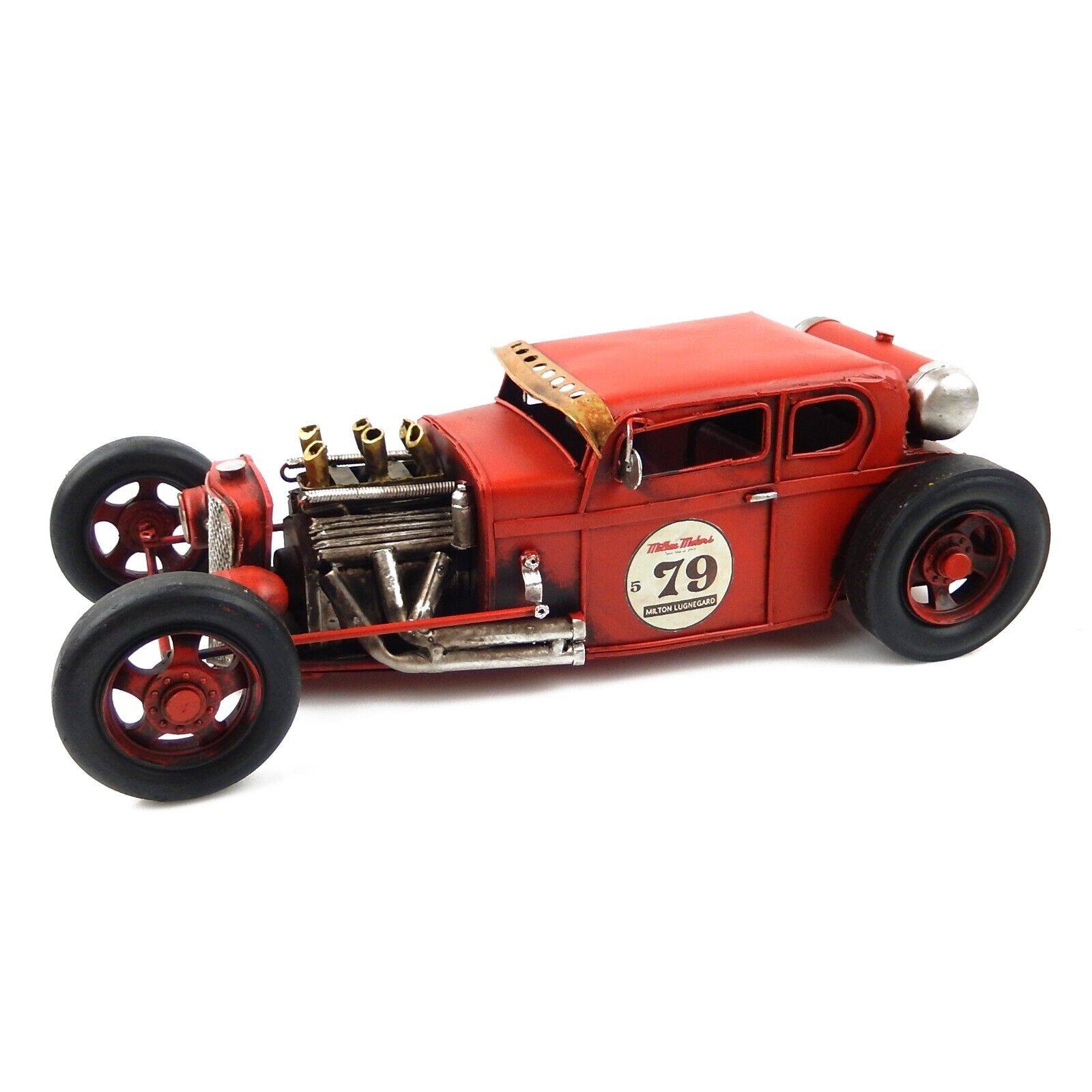 Tin Metal Red Hot Rod Racing Car Figurine Garage Office Shelf Sitter 12 1/2 inch