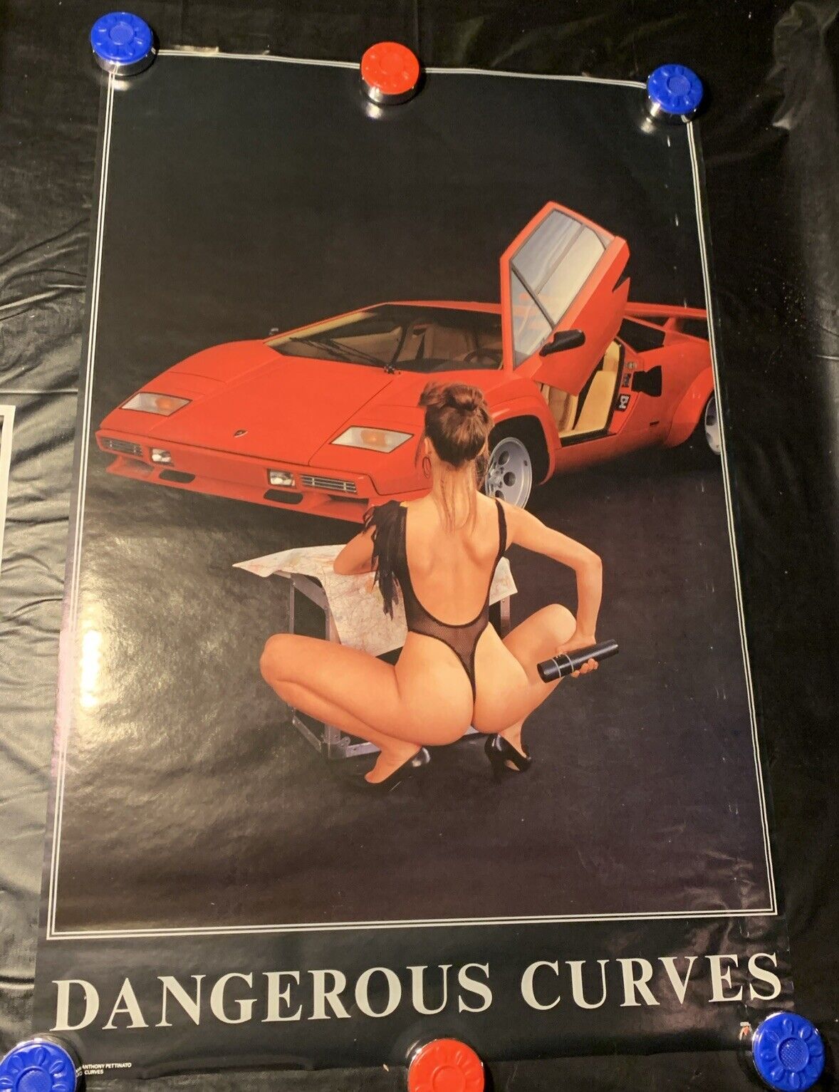 Vintage 1986 Lamborghini Countach Poster “Dangerous Curves” Funky Enterprise NOS