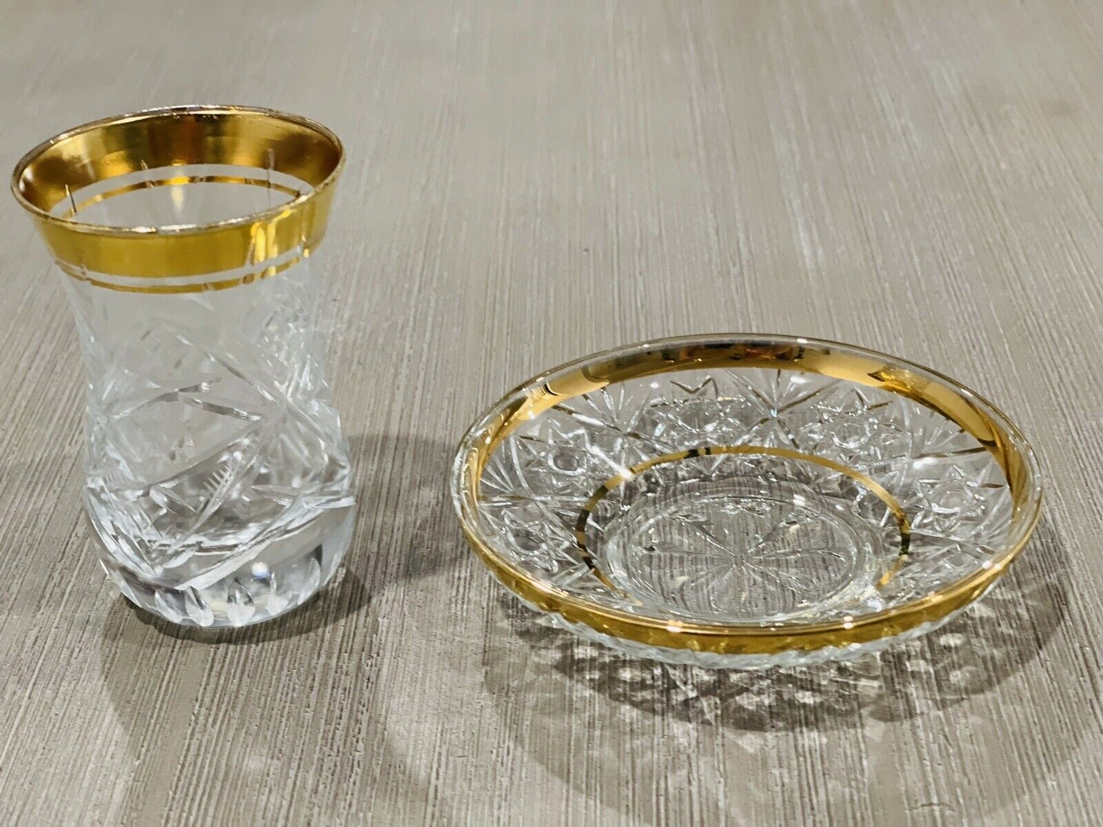 5 Sets Of Vintage Czech Crystal Gold Trimmed Tea Glasses & Saucer (10 Pieces)