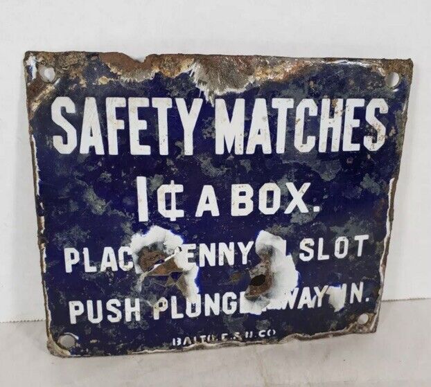 Early Porcelain Sign Plaque from Safety Matches Match Dispenser Trade Stimulator