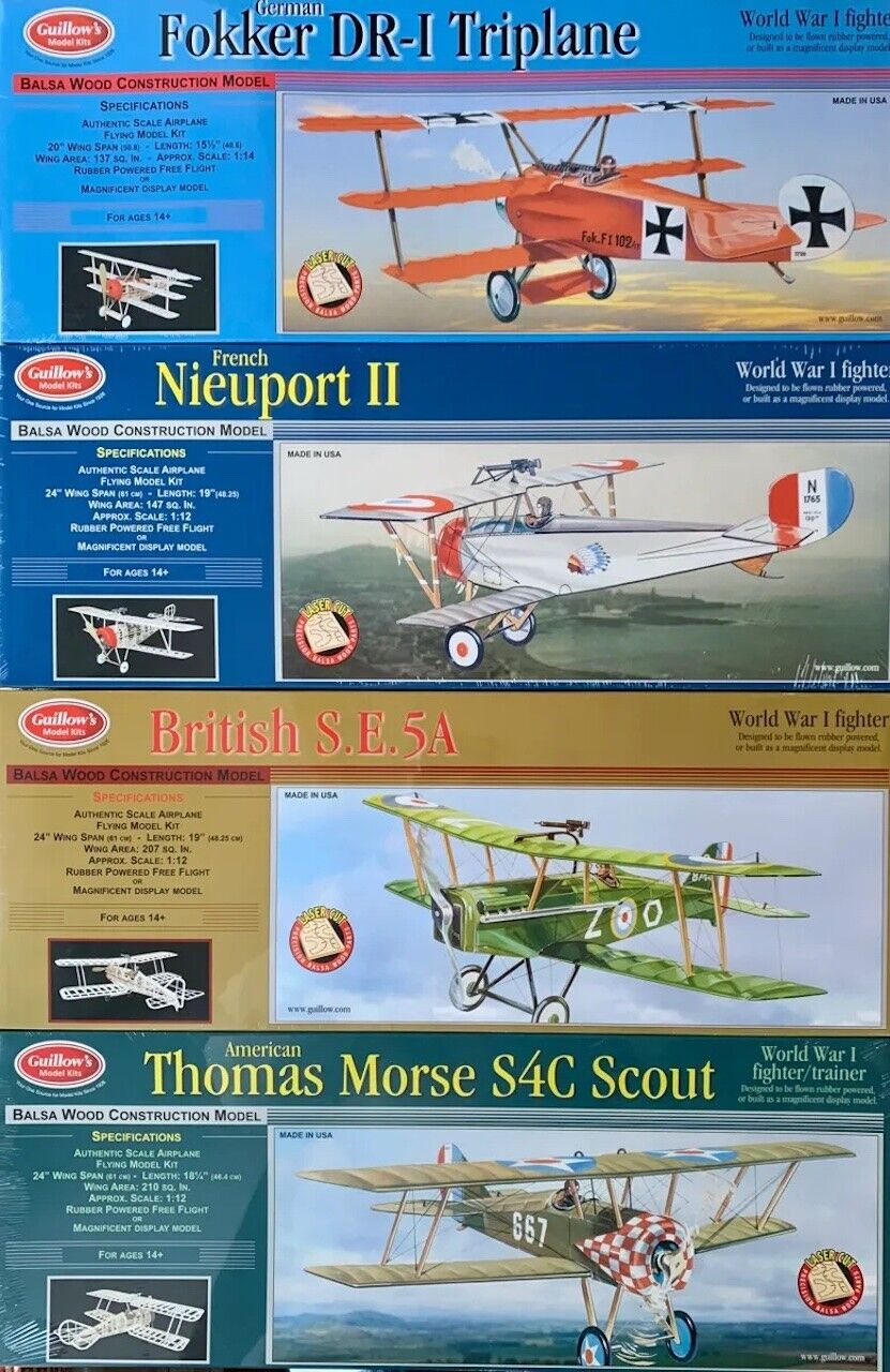 Four (4) Guillow\'s Laser-Cut WW I Balsa Wood Flying Model Airplanes SMU-0158