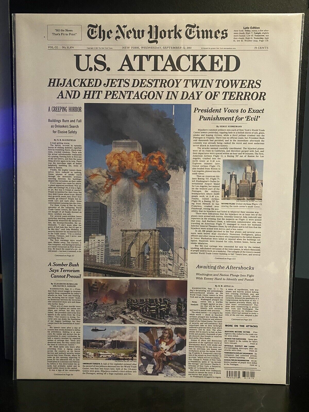 NEWSPAPER HEADLINE ~WORLD TRADE CENTER TERRORIST ATTACK UNITED STATES 9/11/2001