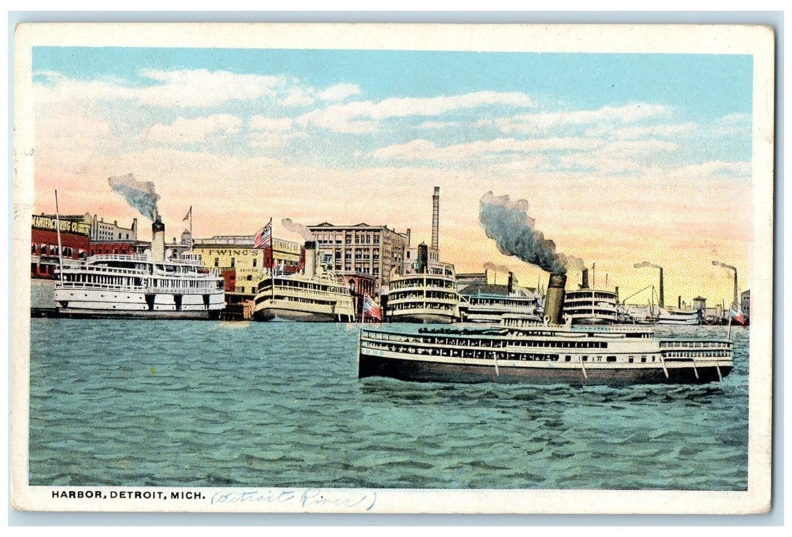 1934 Harbor Steamships Sky Buildings Detroit Michigan MI Posted Vintage Postcard