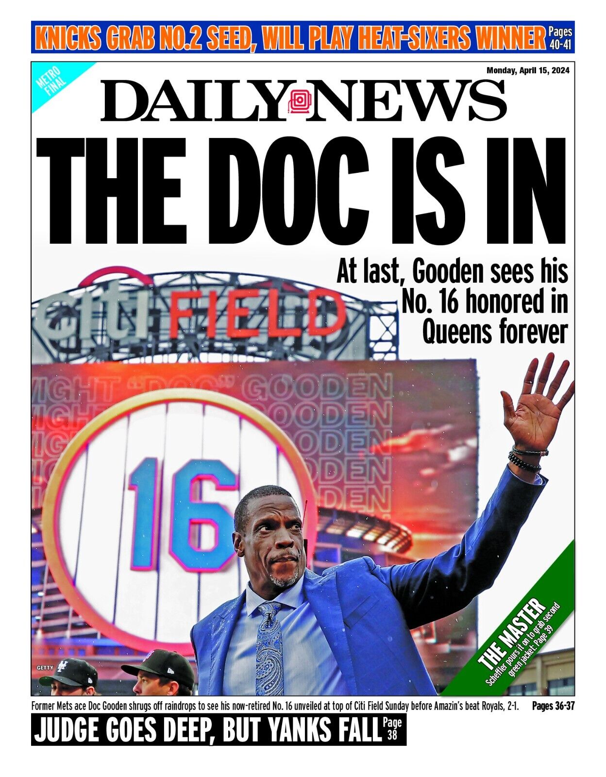 THE DOC IS IN DWIGHT GOODEN METS HALL OF FAME NY DAILY NEWS 4/15 2024
