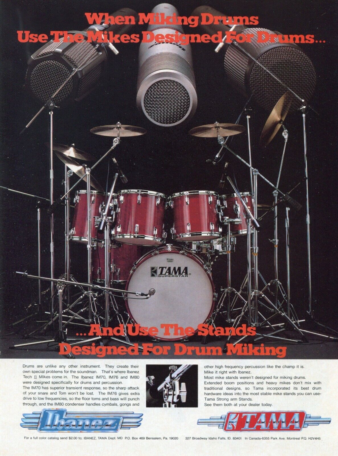1982 Print Ad of Ibanez Drum Microphones, Tama Superstar Drum Kit & Mic Stands