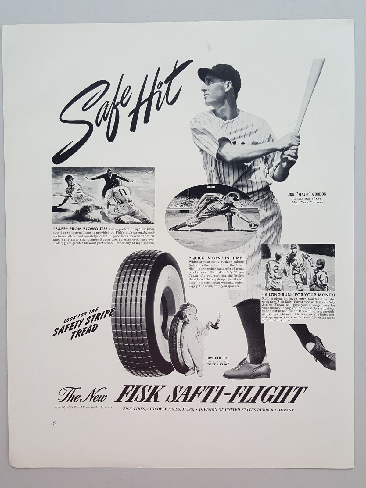 1941 Fisk Safti-Flight Tires Baseball Joe Gordon US Rubber Vintage Print Ad