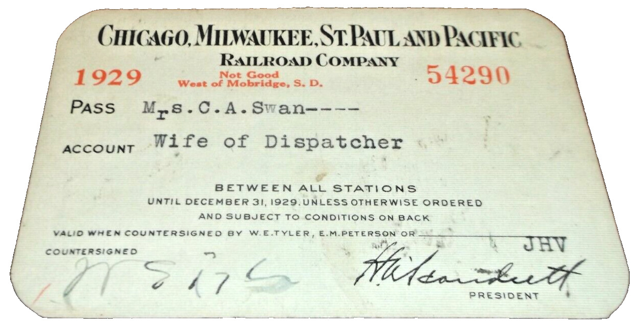 1929 MILWAUKEE ROAD EMPLOYEE PASS #54289