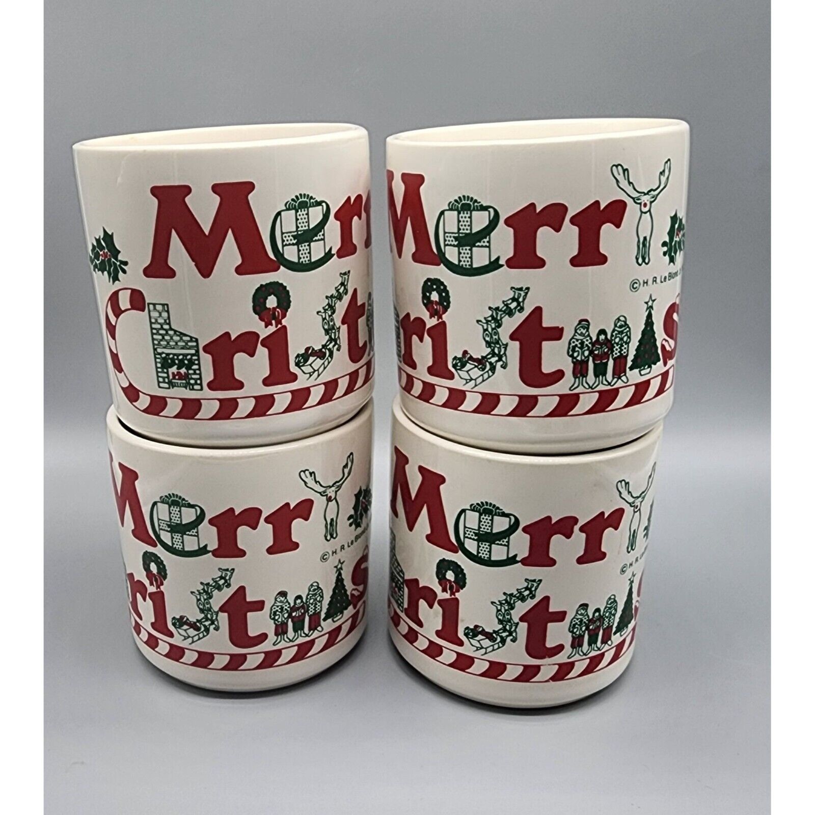 1979 H.R. Le Blond Jr USA Merry Christmas Red & Green Ceramic Mugs Set of 4