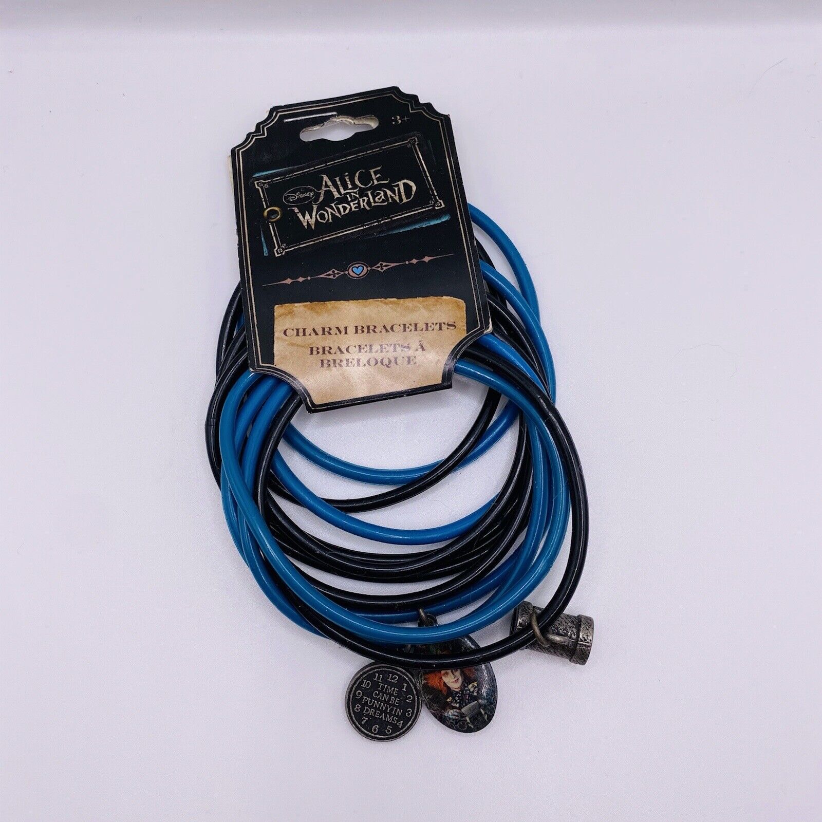 Alice In Wonderland Blue Black Rubber Charm Bracelets Set of 12