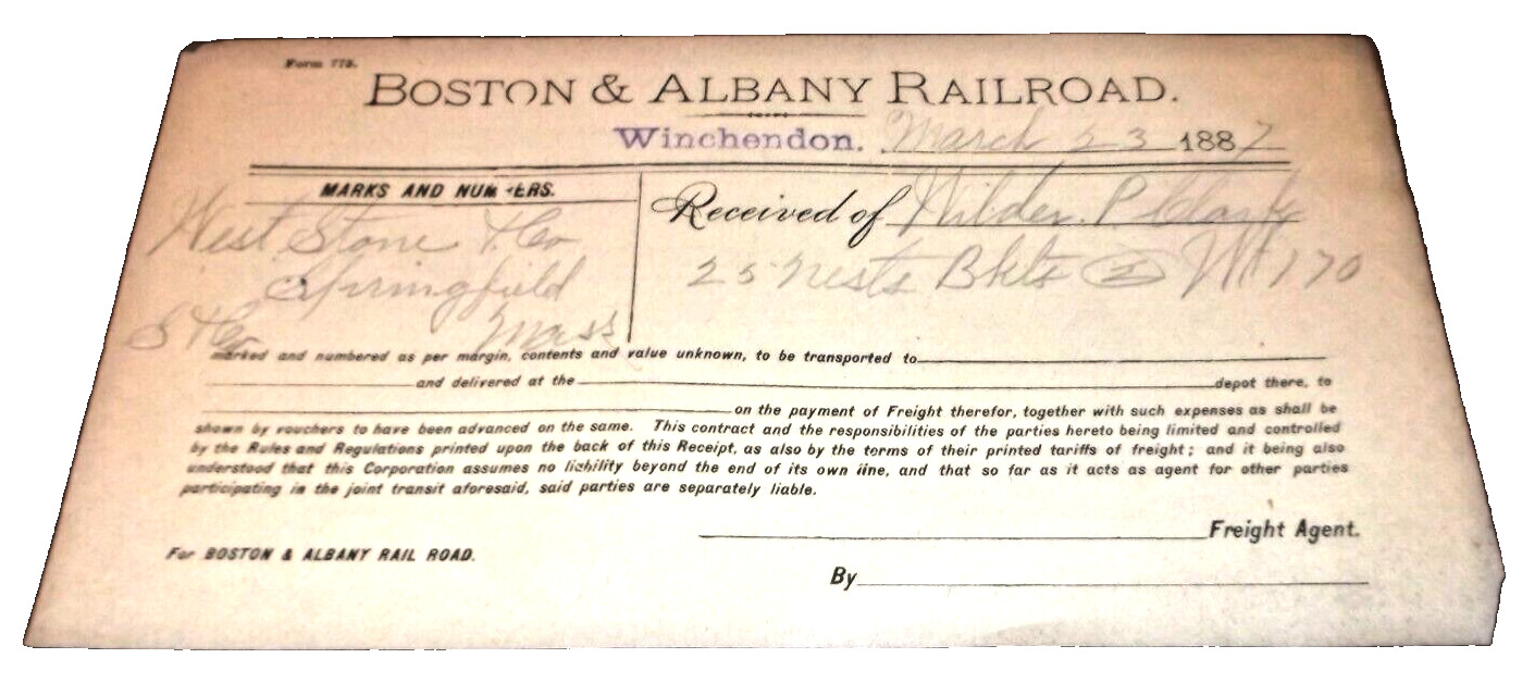 MARCH 1887 BOSTON & ALBANY RAILROAD FREIGHT RECEIPT WINCHENDON MASSACHUSSETTS
