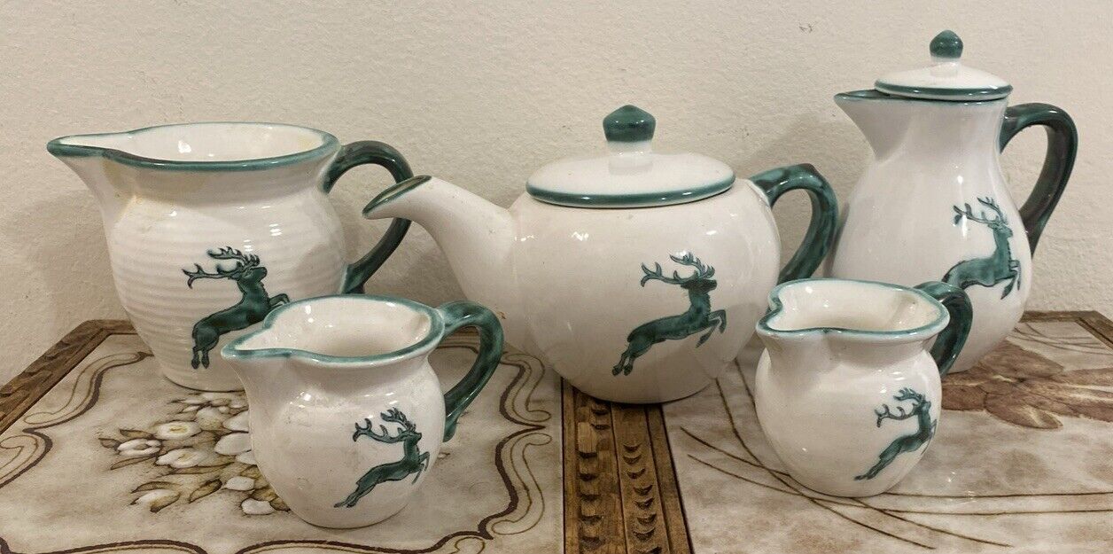 Gmundner Keramik 5 Piece Tea Set White/Green Stag Austria VTG Rare (sizes below)