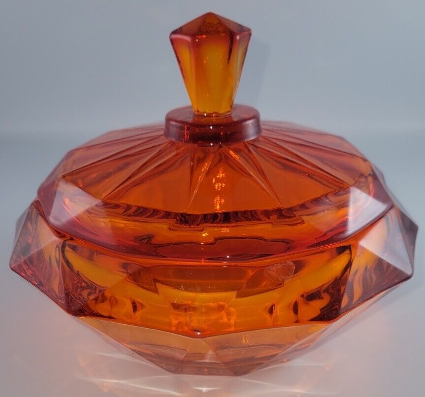 Vintage Viking Art Glass Diamond Point Covered Candy Dish Persimmon Orange GLOWS