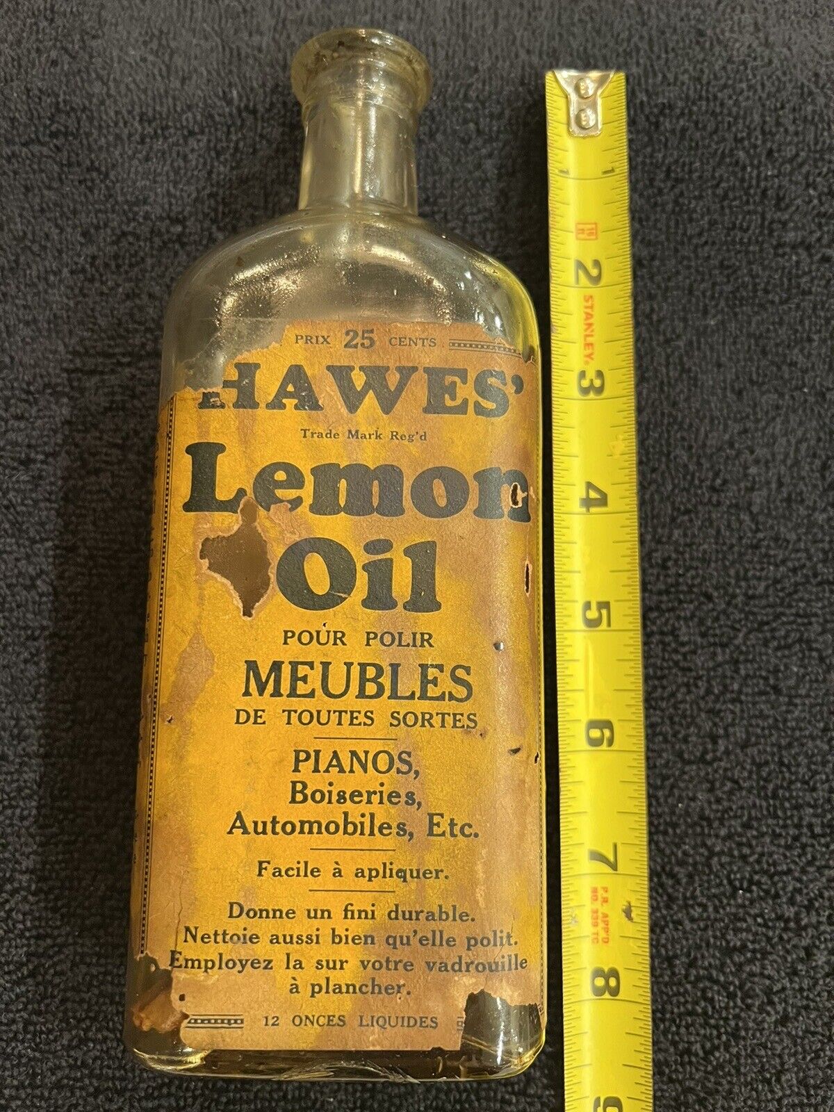 Vintage HAWES Lemon Oil Bottle for Radios, Pianos, Woodwork etc Yellow Label