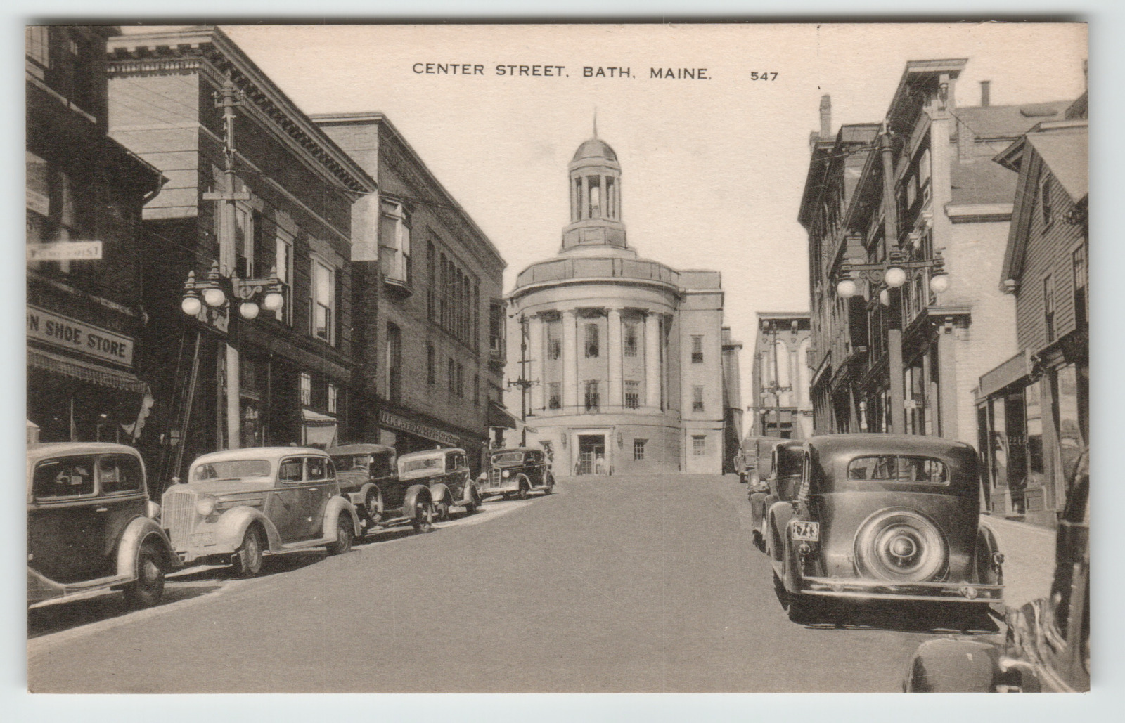 Postcard RPPC Center Street Bath, ME Vintage Cars and Storefronts