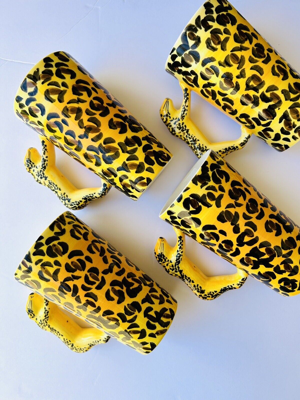 (4) World Market Cheetah Leopard Handle Coffee Mug Cup Yellow Black