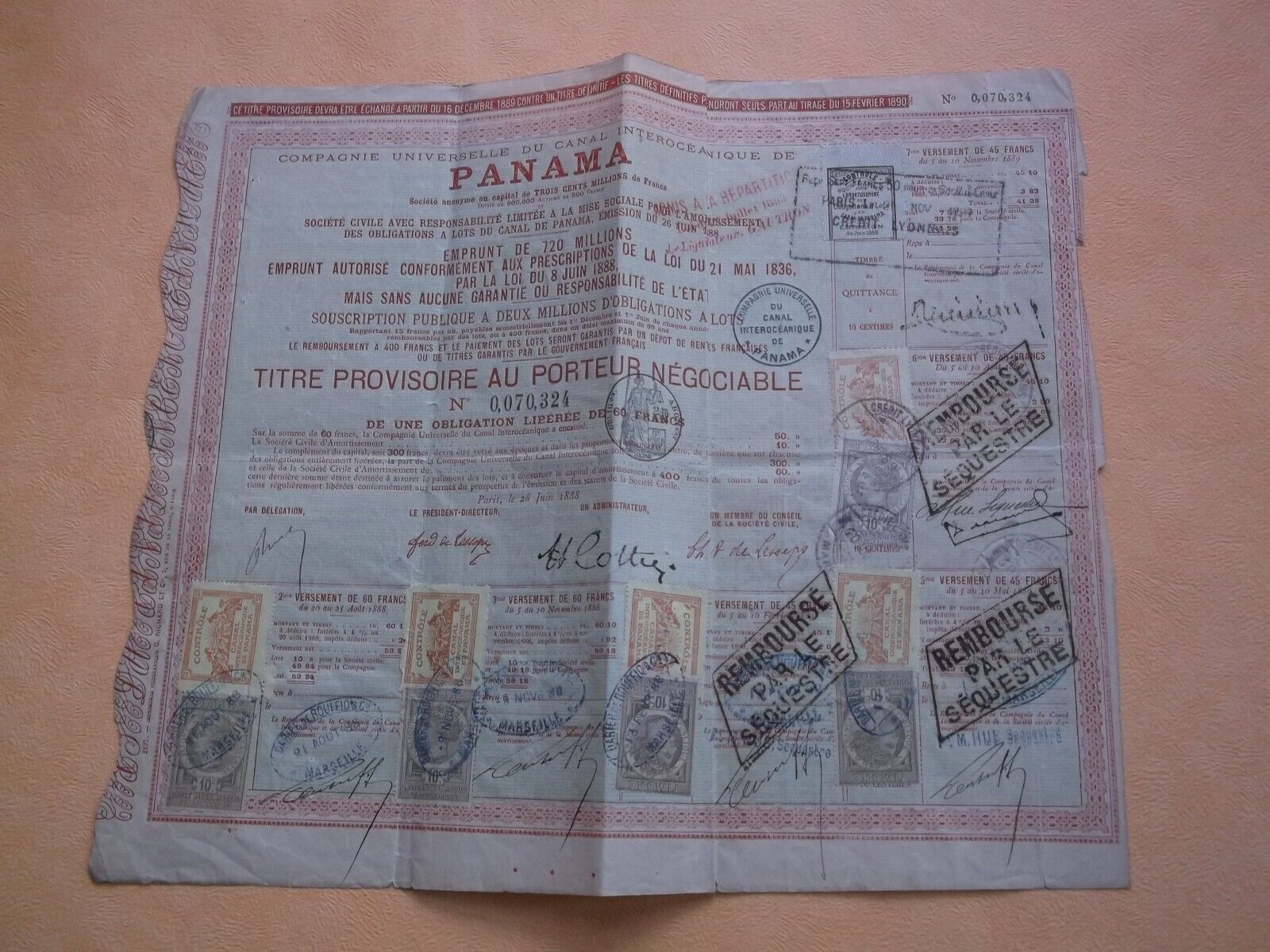 1 1888 Panama Canal Title with Sequester Vignettes