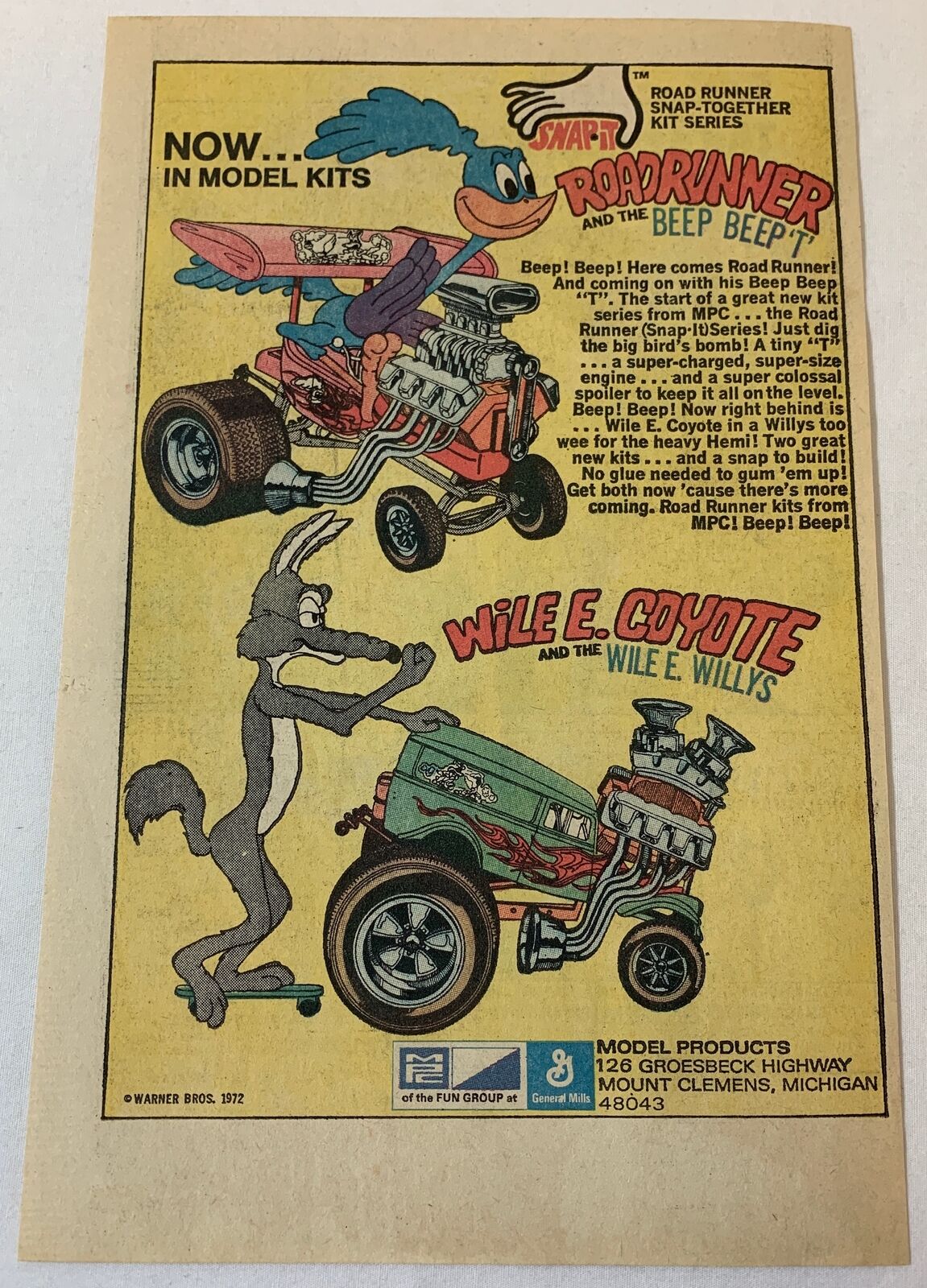 1972 MPC hot rod model kits ad page~ROAD RUNNER BEEP BEEP T,WILE E COYOTE WILLYS