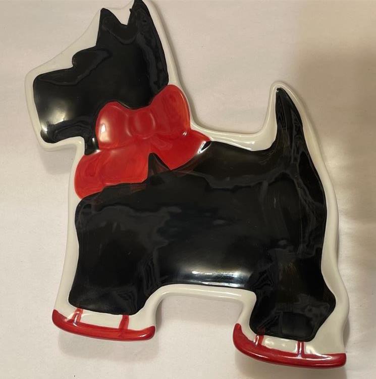 Christmas Scotty Dog Terrier Tray Plate Black Red Global Design Kate Williams