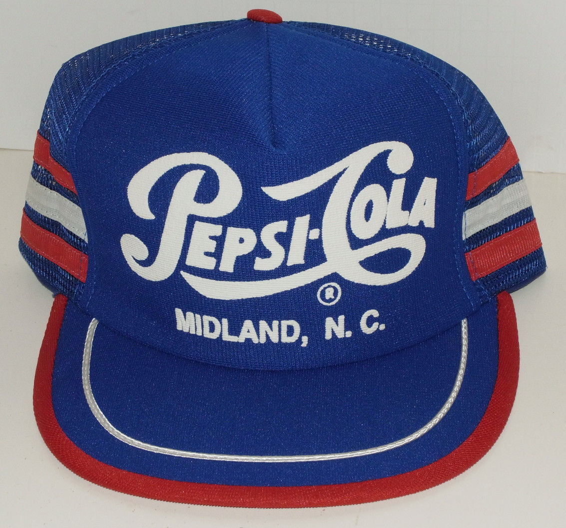 VINTAGE 1980s PEPSI COLA, MIDLAND, NC SNAPBACK TRUCKER'S CAP/HAT 3 STRIPES USA