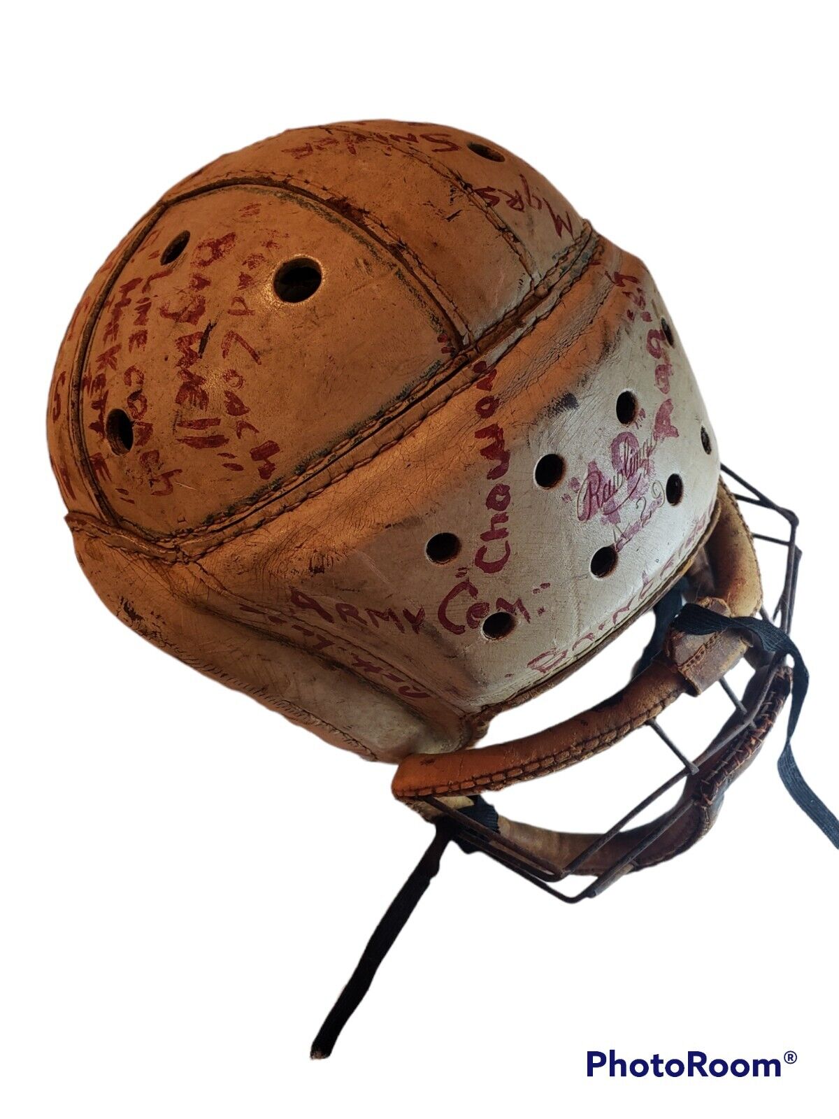 1930s/40s Leather Football Helmet Signed by Team w/Facemask