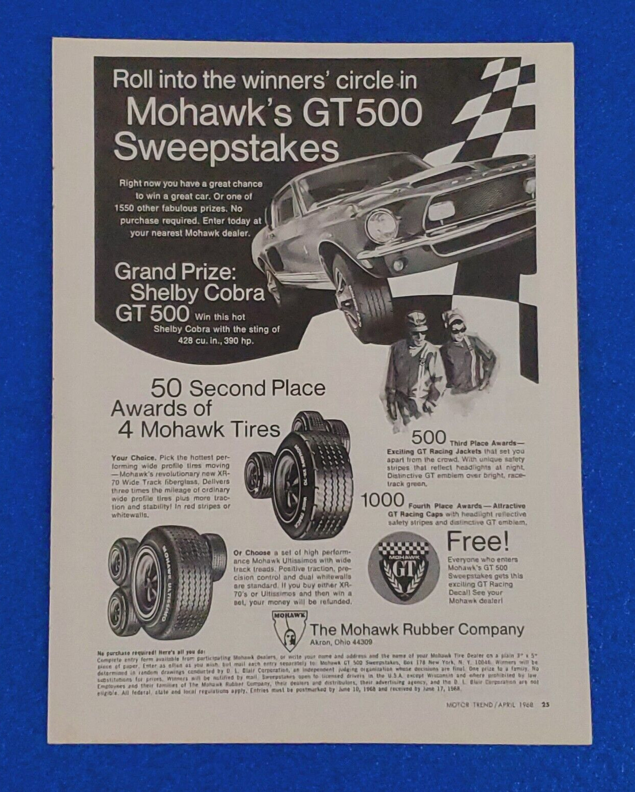 1968 MOHAWK RUBBER COMPANY\'S FORD SHELBY COBRA GT 500 MUSTANG CONTEST PRINT AD