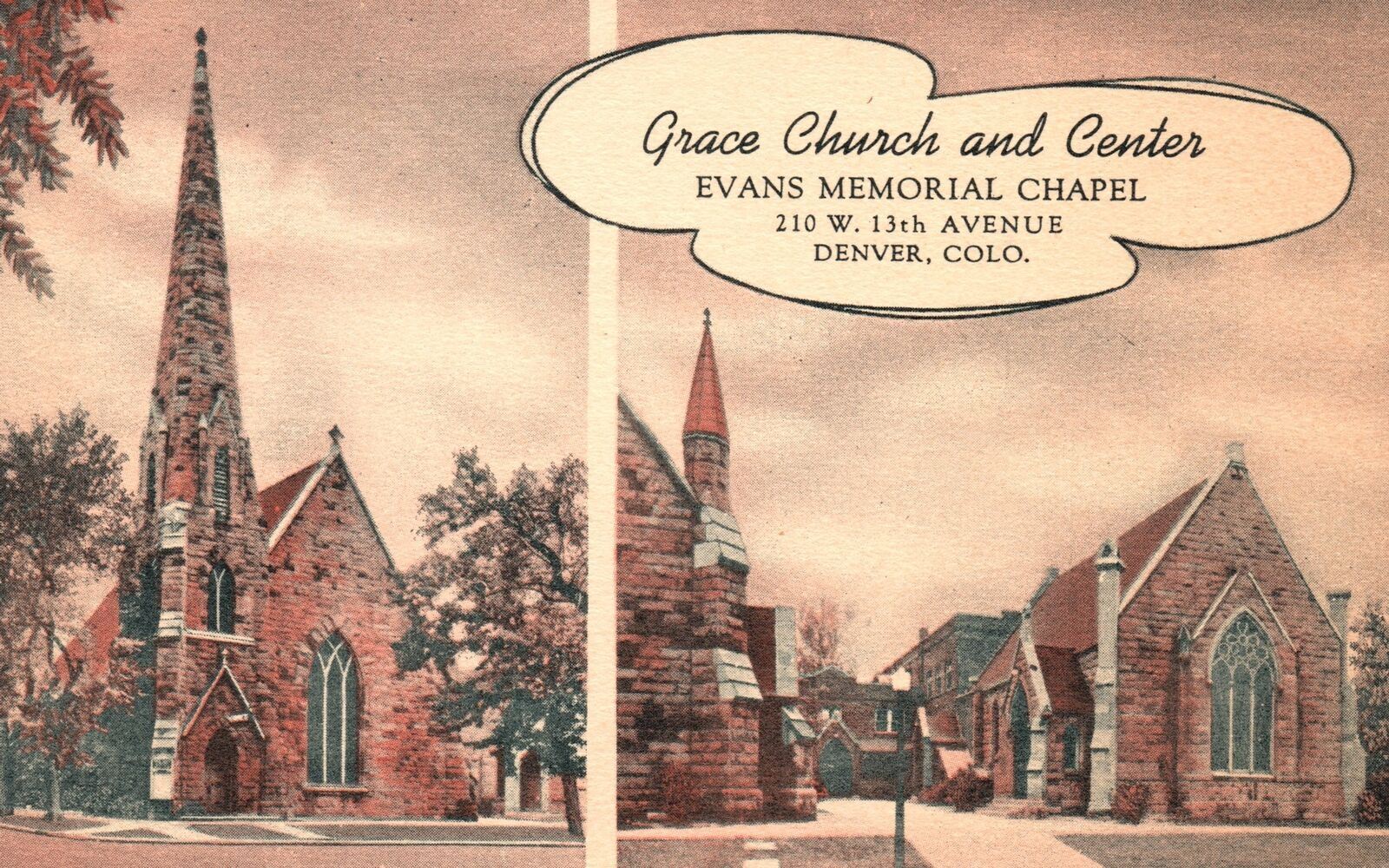 Vintage Postcard Grace Church and Center Evans Memorial Chapel Denver Colorado