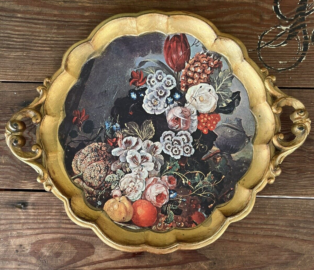 Vintage Italian Florentine Wooden Tole Tray Floral Design Ornate Gold Gilt Round