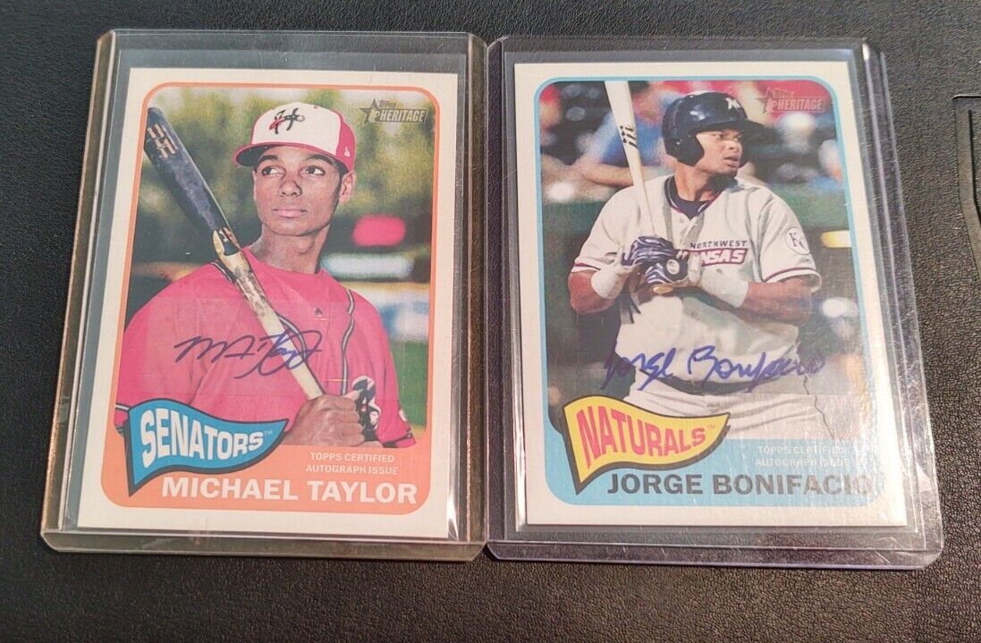 Lot of 2 2014 Topps Heritage Minors real one autograph cards Taylor, Bonifacio